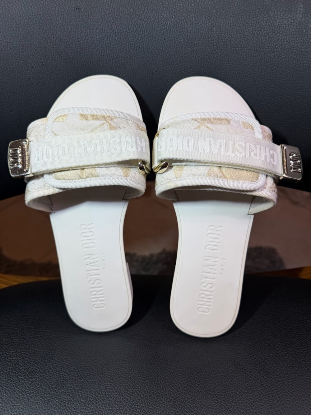 Christian Dior White Gold Logo Slide Sandals